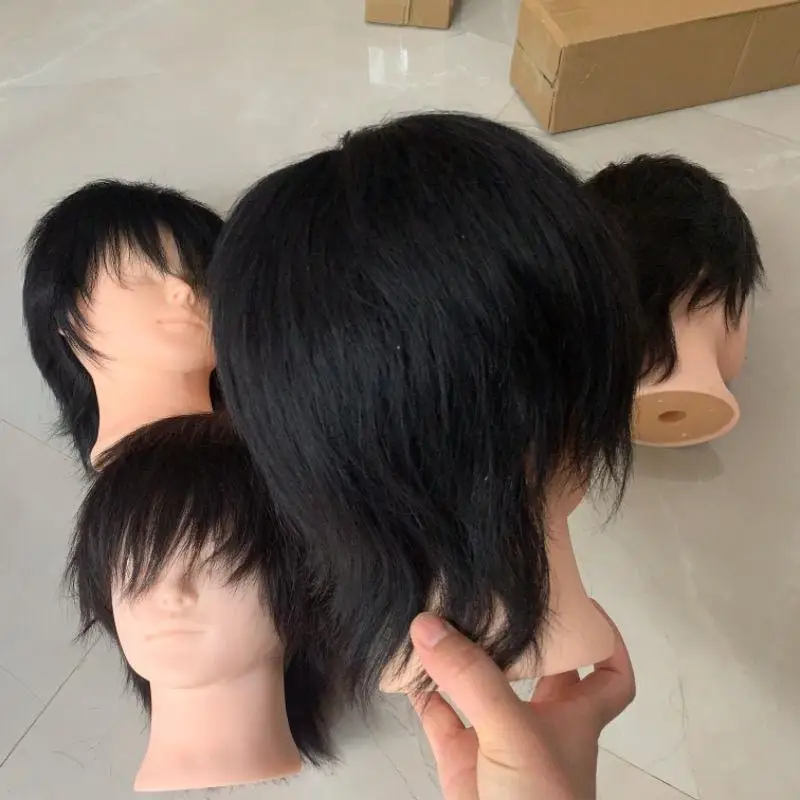 Testa di manichino con capelli umani veri, capelli corti neri, perfetta per la pratica di parrucchieri, strumento per lo styling e la bellezza - immagine 2