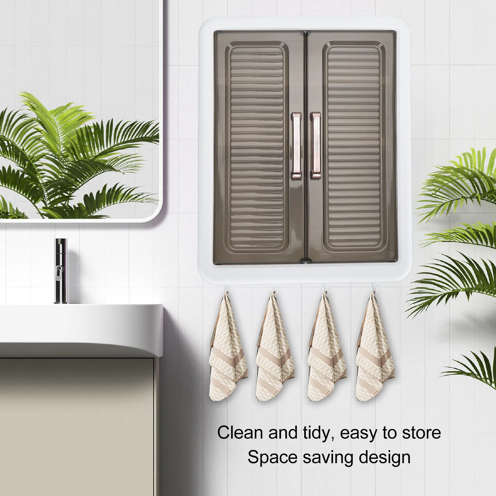 Bathroom Cabinet Wall Mounted Dustproof Double Door PP Cosmetics Wall Storage Cabinet Space Saving Multifunctional for Bedroom 5