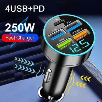 Caricabatteria da auto da 250 W a 5 porte Ricarica rapida PD QC3.0 Caricatore per telefono da auto USB C Adattatore di tipo C in auto per IPhone Samsung Huawei Xiaomi