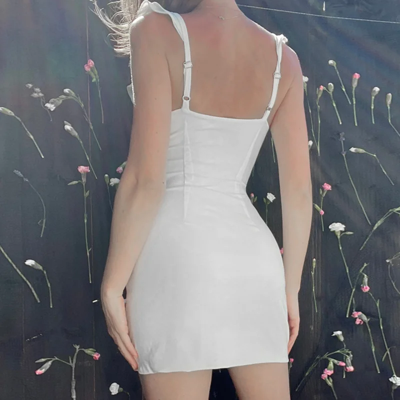 Vestido de verano Y2K para mujer, color liso, con volantes, escote en V profundo, lazo, dobladillo con abertura, minivestido ajustado, años 2000, vestidos de fiesta para salir