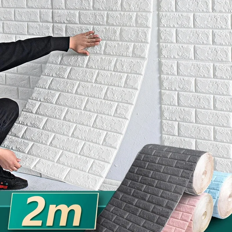 Wall Stickers 2m Long 3D Brick Wall Stickers DIY Decor Self-Adhesive Waterproof Wallpaper Kids Room Bedroom Kitchen Home Wall Decor