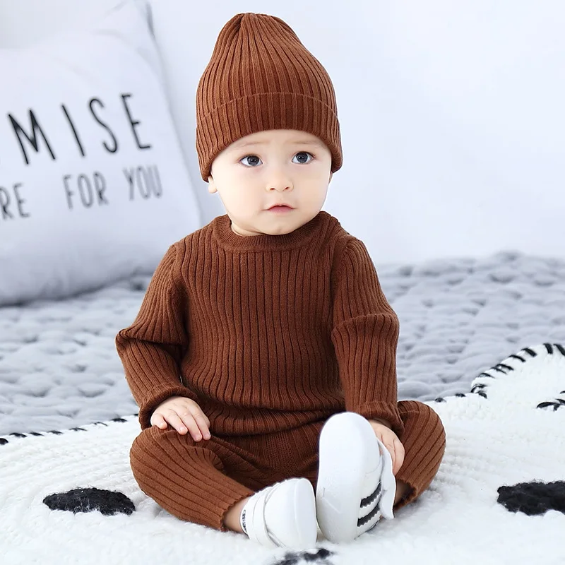 

LZH 2022 New Fashion Baby Boy Clothes Bottoming Shirt Sets For Baby Girl Solid Winter Keep Warm Knit Sweater Three Pieces Suits