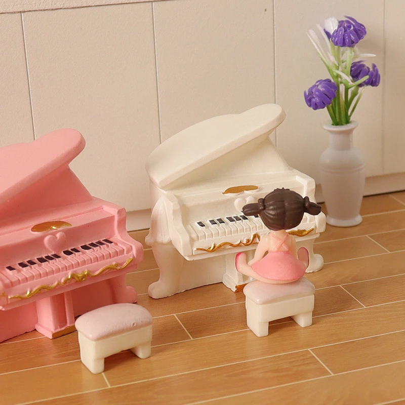 

1Set 1:12 Dollhouse Miniature Grand Piano With Stool Mini Musical Instruments Model Living Scene Decor Toy Doll House Accessory