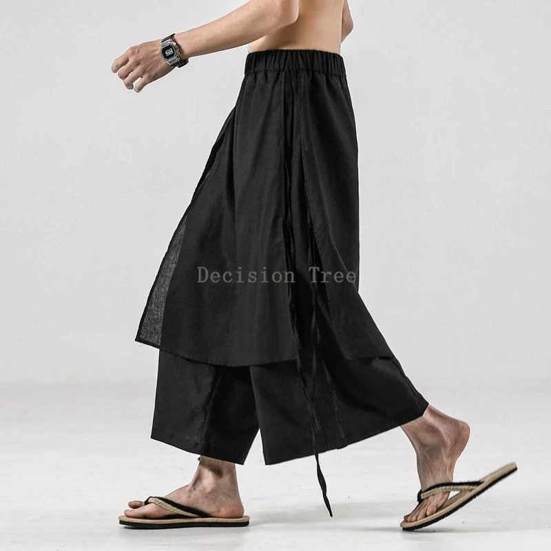 summer new men chinese style linen loose casual pants culottes retro fashion elastic waist straight leg martial arts pants