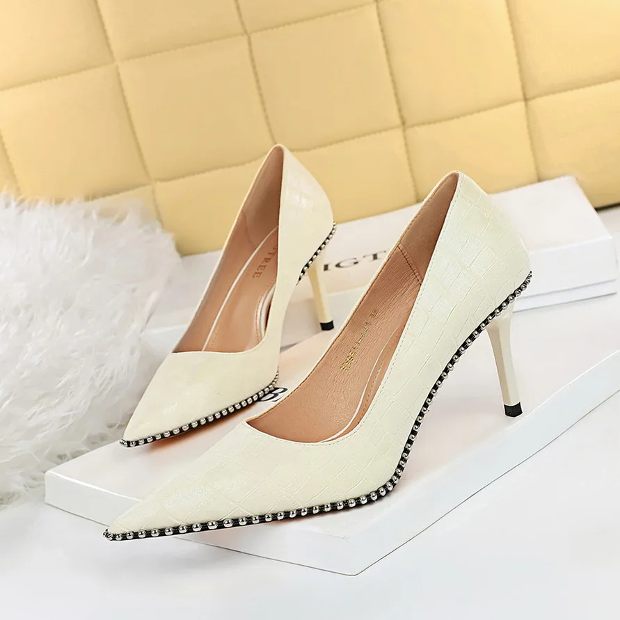 BIGTREE Shoes White Women Pumps PU Leather Shoes High Heels Stiletto Luxury Party Shoes Metal Chain Rivets Heels Pumps Shoes
