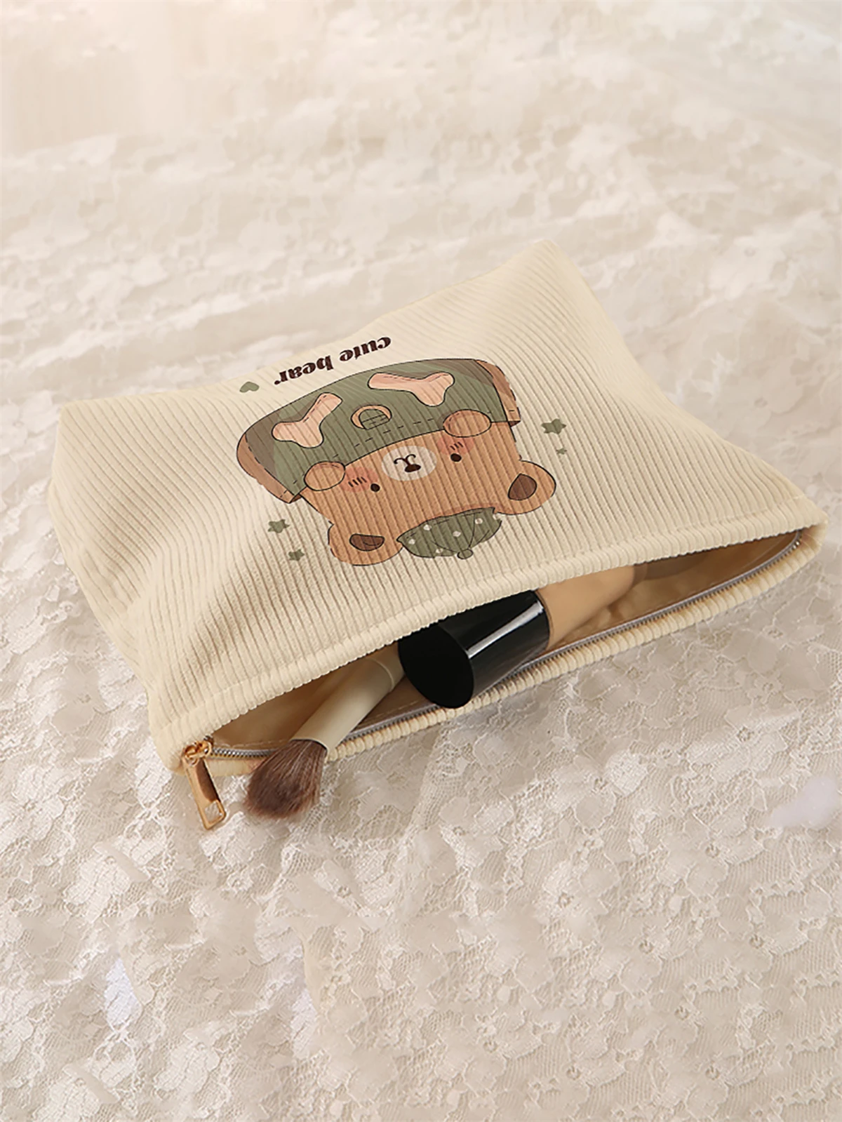 1 Bear Pattern Corduroy Makeup Bag, Lightweight Zipper Makeup Storage Box, Multi functional Bag with Lining
