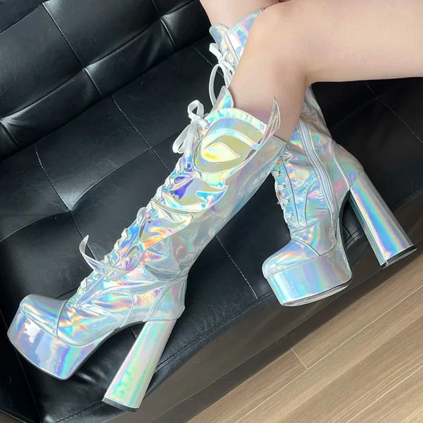 

2024 Real Photos Women Winter Platform Knee Boots Zipper Wing Block Heels Round Toe Gorgeous Silver Shoes Plus US Size 5-15