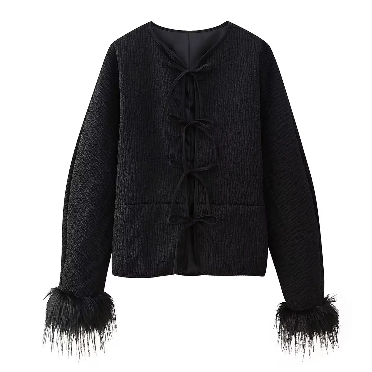 

Women 2024 New Fashion Artificial fur effect Spliced cotton Coat Vintage Long Sleeve Lace up Female Outerwear Chic Tops