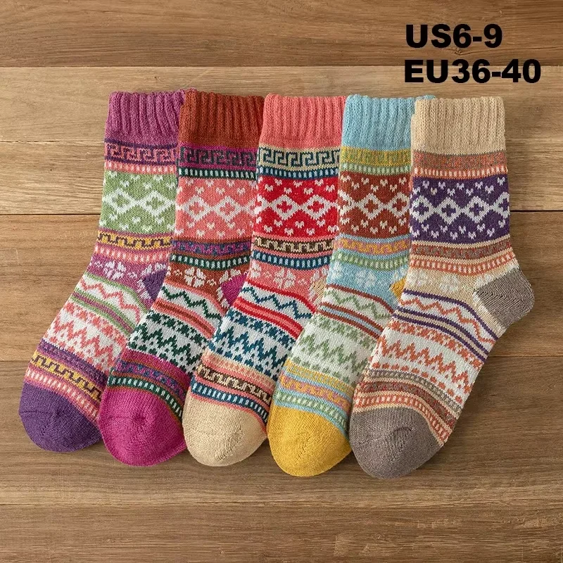 5 Pairs Women's Thermal Wool Socks - Autumn Winter Collection, Retro Nordic Style