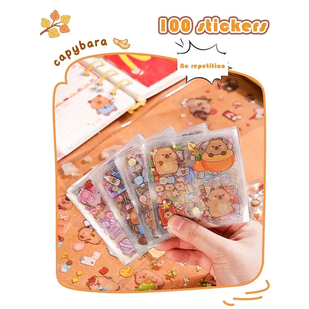 100 Sheets Trendy Non-Repeating Capybara Animal Stickers Waterproof 2024 Kids Sticker Cartoon Cute Suitcase Decal Children