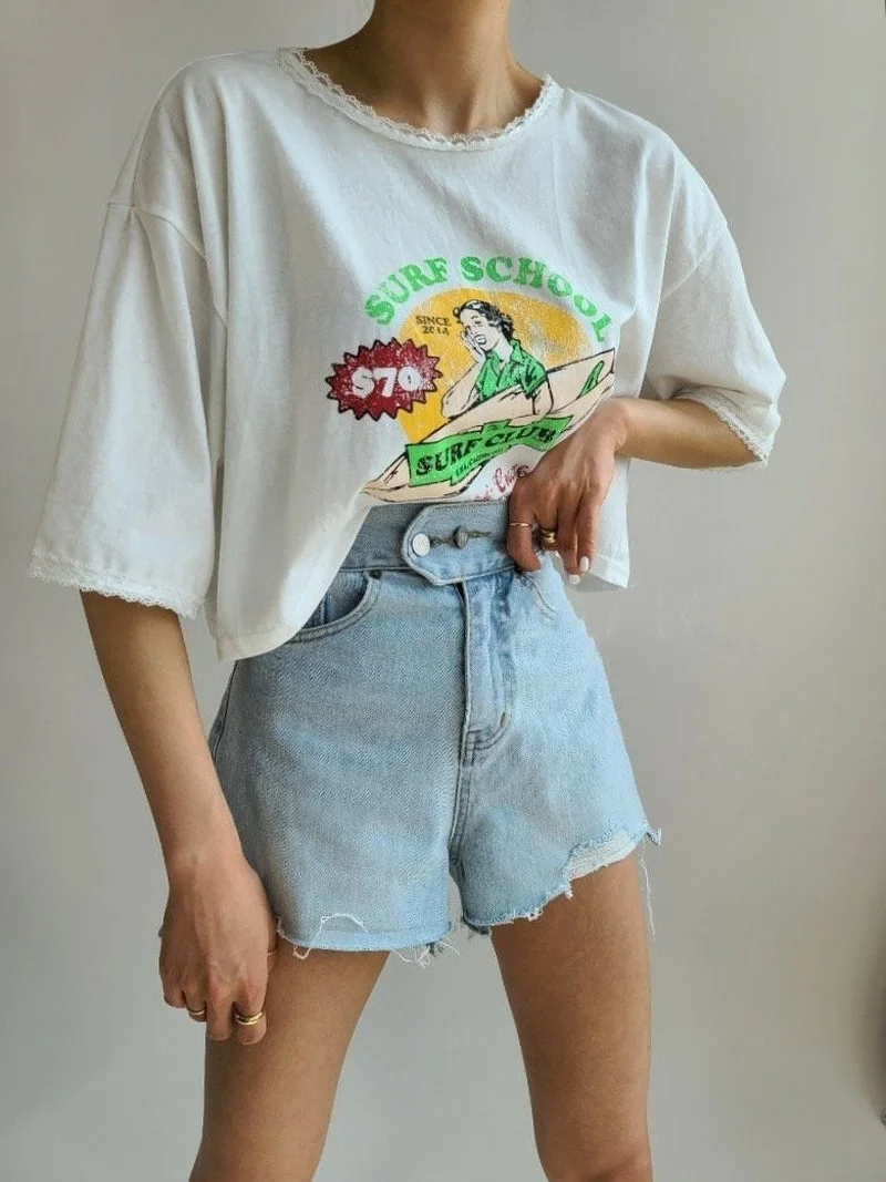 Women Summer Chic Double Button Female Blue Denim Shorts 2024 New High Waist Ripped Edge Jeans Shorts All-Match Casual Bottoms