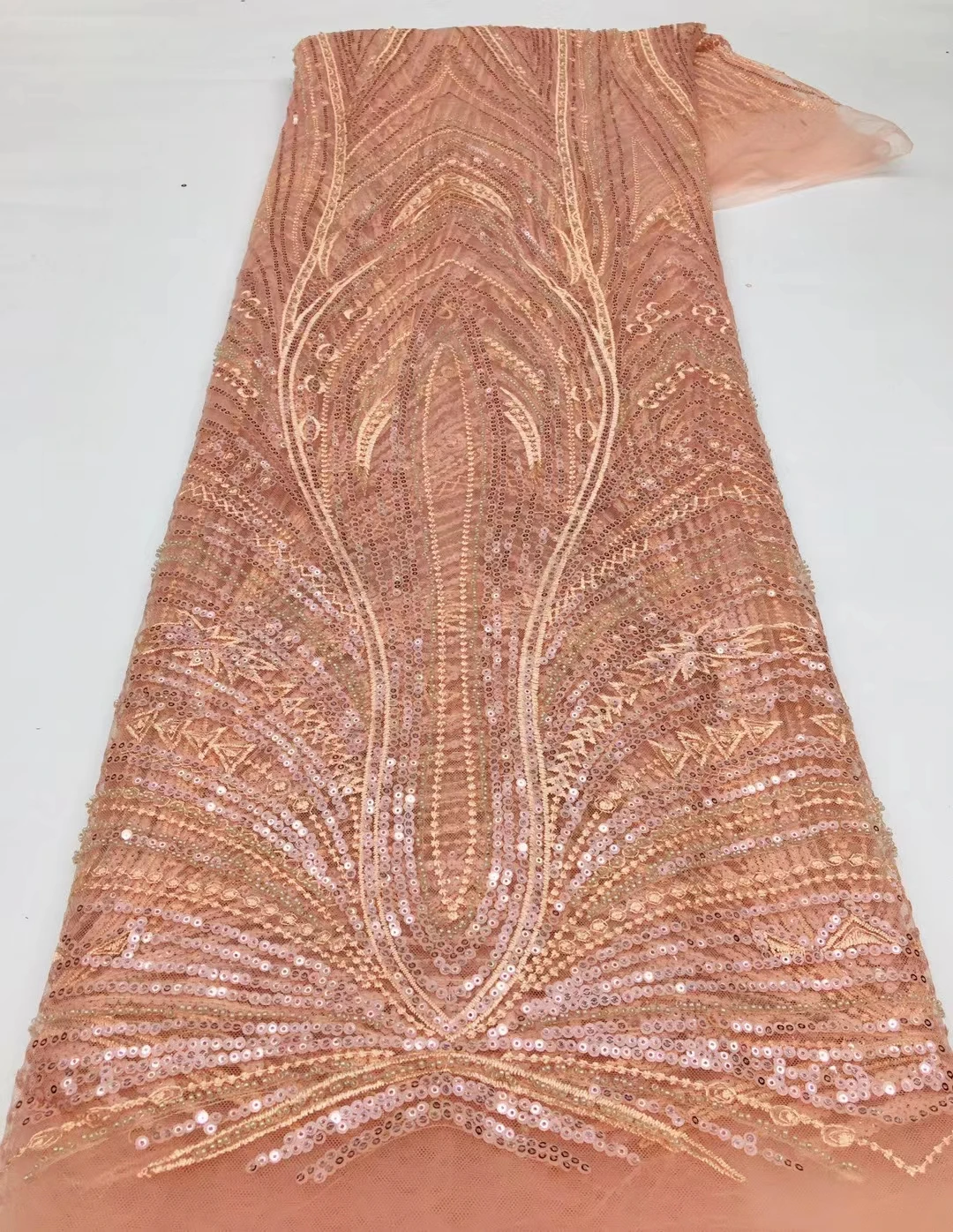 

Peach African Sequins Lace European High Quality Nigerian Lace Beaded Sequins Fabrics For Garment