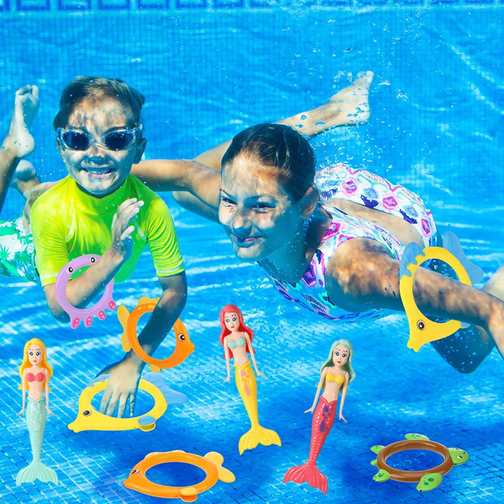 8Pcs Swimming Pool Toy 4 Rings and 4 Mermaids Diving Mermaid Toy Multicolor Underwater Diving Toys Cute for Kids Toddlers