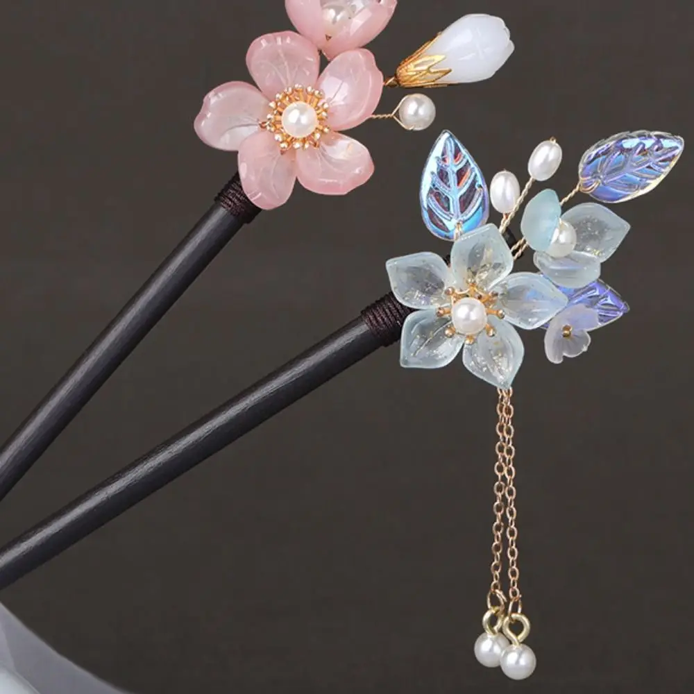 Estilo chinês flor de madeira Hair Stick, elegante pauzinhos, borla, pérola, diariamente, Hanfu