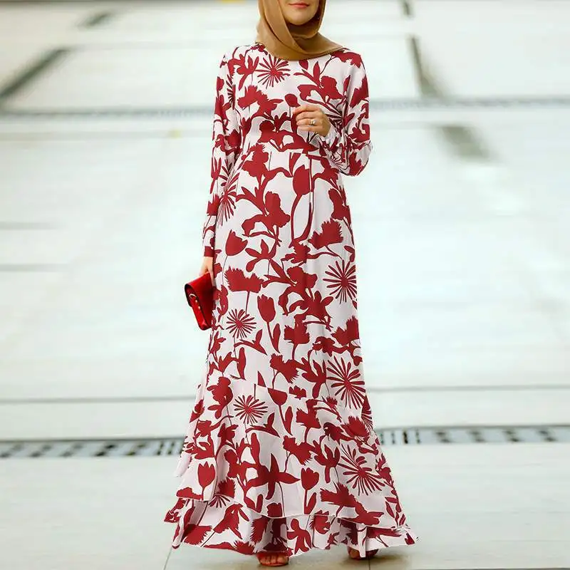 2023 Hot Sale Abayat Muslim Abaya Femme Boho Print Ruffle Hem Elegant Islamic Women Dress for Middle East Arabian Turkey