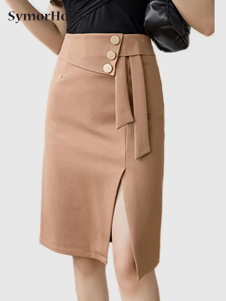 

New Pencil Skirts Women Korean Fashion Clothing Elegant High Wiast Bodycon Sexy Office Button Slit Skirts Black Red