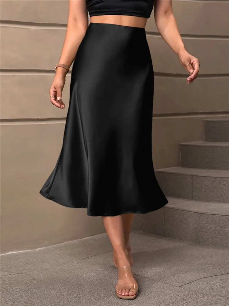 Saashi Women's Black Satin High Waist Elegant Fashion Office Summer Midi Skirt