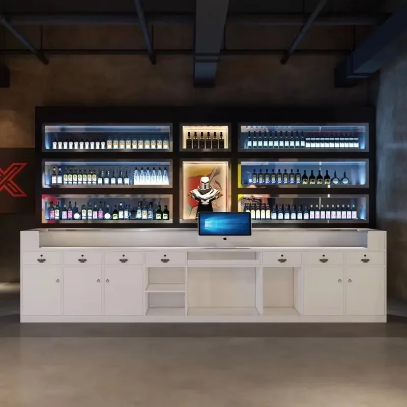 Restaurant Reception Desk Grocery Store Counter Table Beauty Salon Storage Gold Floaoting Shelf Modern Shop Front Atelier Pink