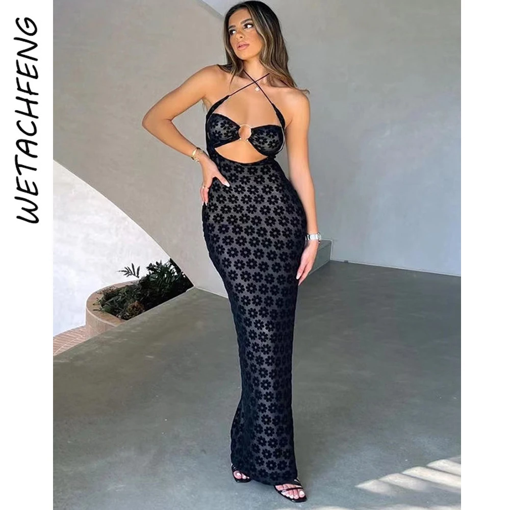 

Летнее модное сексуальное Клубное платье с лямкой на шее, прозрачное облегающее Платье макси с цветочным рисунком, женское черное обтягивающее вечернее платье, одежда