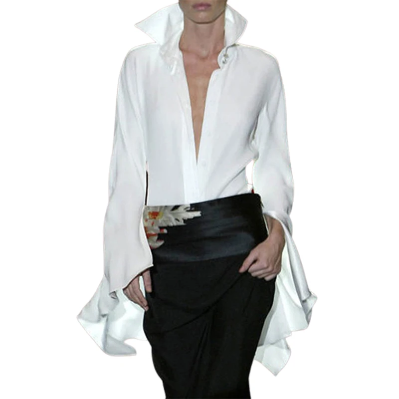 

Uoozee Urban Female Stylish Petal Sleeves Lapel Blouses 2023 Spring Autumn Loose Causal Office Elegant Shirts Tops For Women