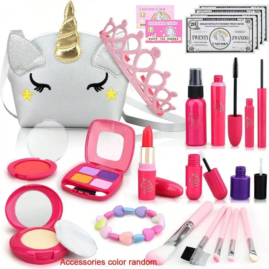 Girl Pretend Makeup for Kids,Fake Make Up Toys for Little Girls with Princess Purse, Toddler Makeup Kit,Girls Birthday Gifts(Acc