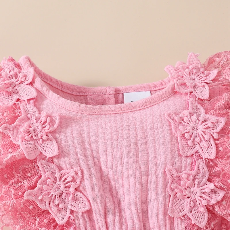 

Cute Newborn Baby Girl Floral Romper Dress Ruffled Lace Sleeve Solid Color Bodysuit Tulle Tutu Skirt with Headband