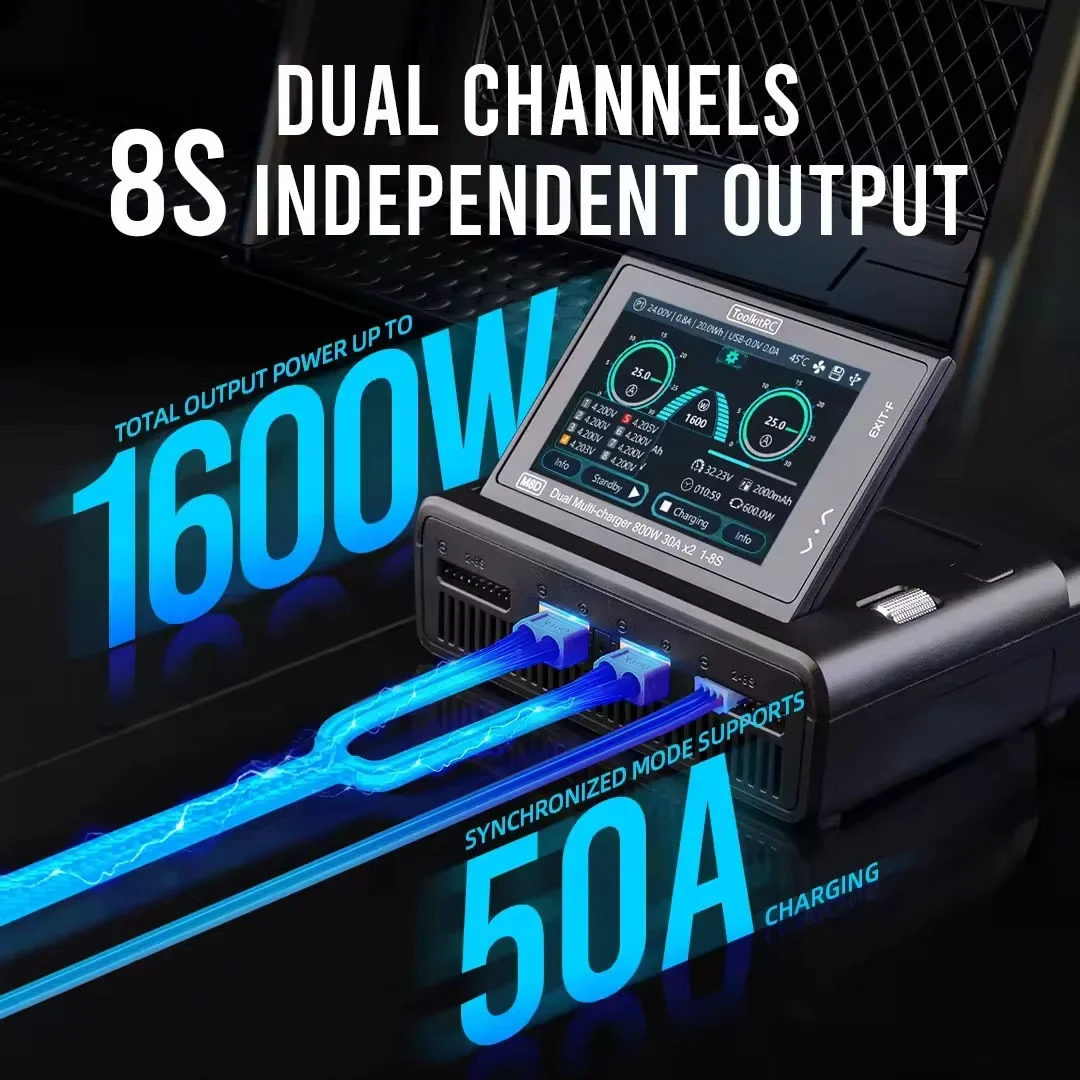1600W 50A 1-8S LiPo Charger Dual Channel, ToolkitRC M8D Touchscreen 3.5" Flip Screen 65W PD, for RC LiHV LiFe Battery Model thumbnail 4