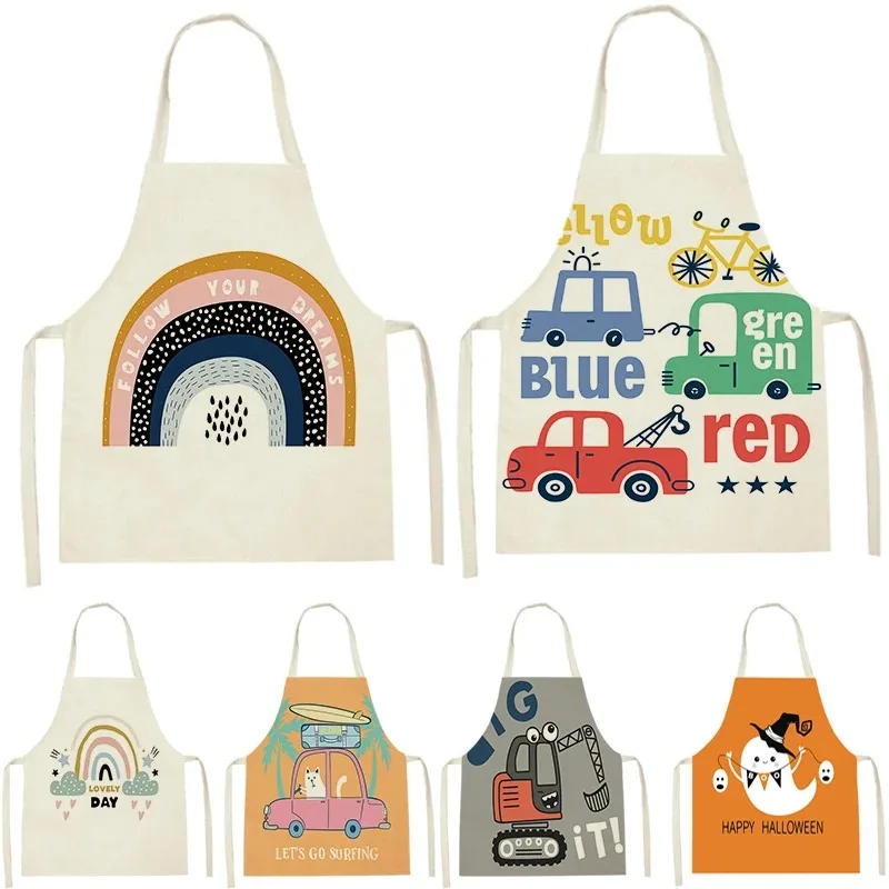 Delantal de protección solar con dibujos animados para niños, accesorio antiincrustante para limpieza del hogar, estampado de arcoíris para coche