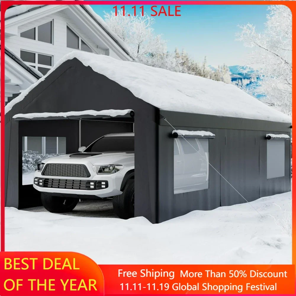 Carport, 12' X 20' Heavy Duty Portable Garage, Carport Canopy with Side-Opening Door & Roll-Up Windows, Car Canopy Outdoor Black