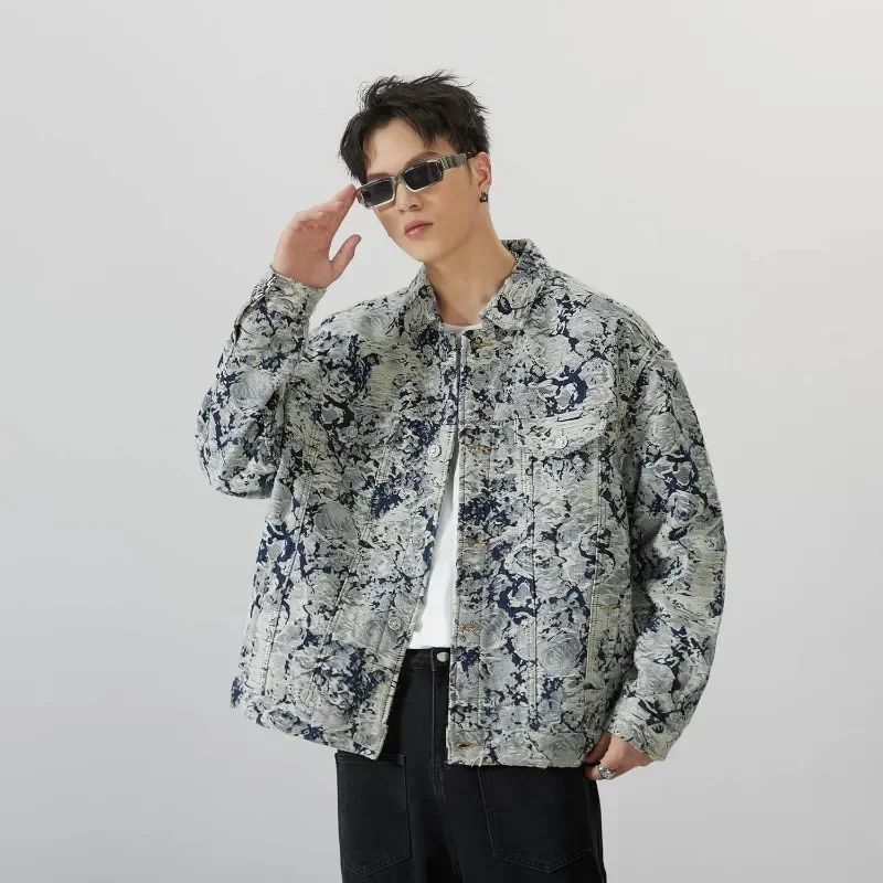 

2023 Autumn Men's Denim Coat Printed Hole New Vintage Denim Coats High Street Ruffian Handsome Versatile Fashion Coat Men Jacket