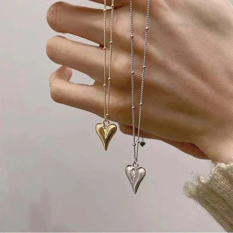 Vintage Golden Silver Color Heart Pendant Necklace for Women