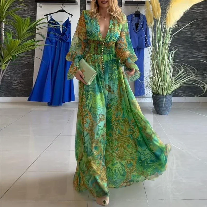 Sexy Hollow V Neck Buttons Bohemian Dress Women Elegant Printed High Waist Long Dress Autumn Flare Long Sleeve Maxi Dress