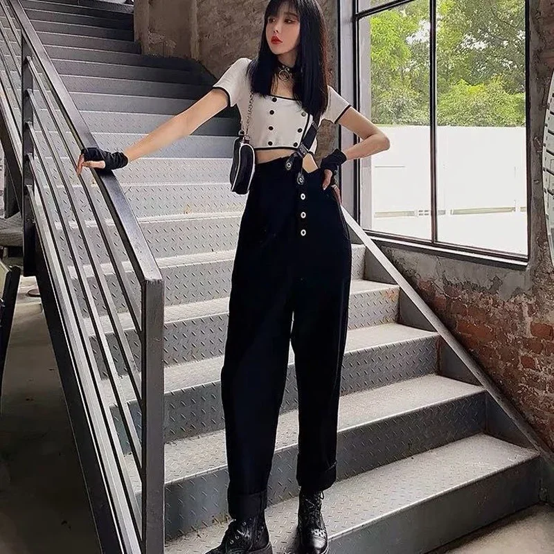 2021 Fashion Femme Streetwear Casual Jeans Women High Waist Button Handsome White Overalls Female Korean Straight Denim Trouser