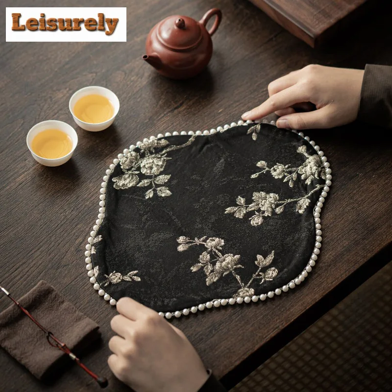 Brocade Plum Blossom Embroidery Tea Table Mats Elegant Drink Coaster Household Dinner Table Cloth Mat Cha Equipment Decoration