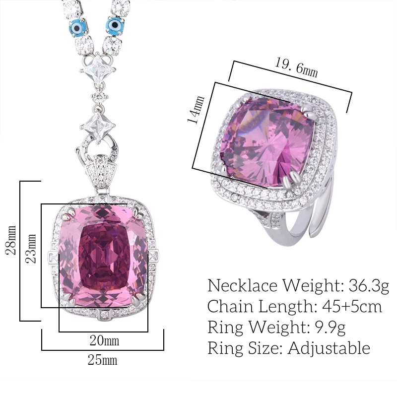 Exquisite Adjustable Ring Pendant Necklace Blue Pink High Carbon Drill Cushion Cut Jewelry in Elegant Style for Women Party Gift