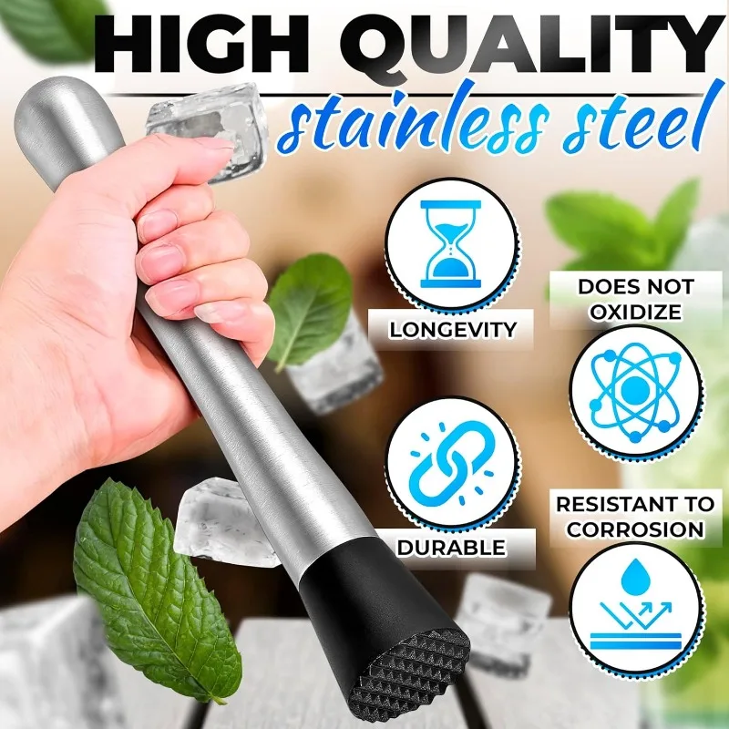 2pcs Old Fashion Cocktail Muddler Stainless Steel Stick Bar Cocktail Muddler Manual Juicing Stick Ice Crusher Tool Home Bar Use