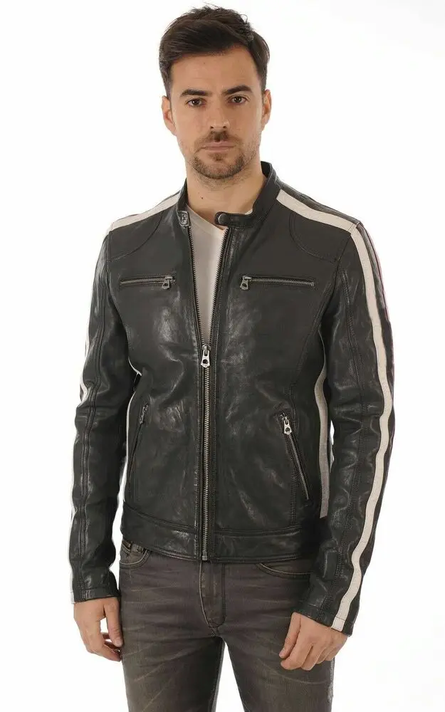 Men's Lambskin Real Leather Jacket Biker Fashion White & Red Strip Jacket European and American Fashion Trends