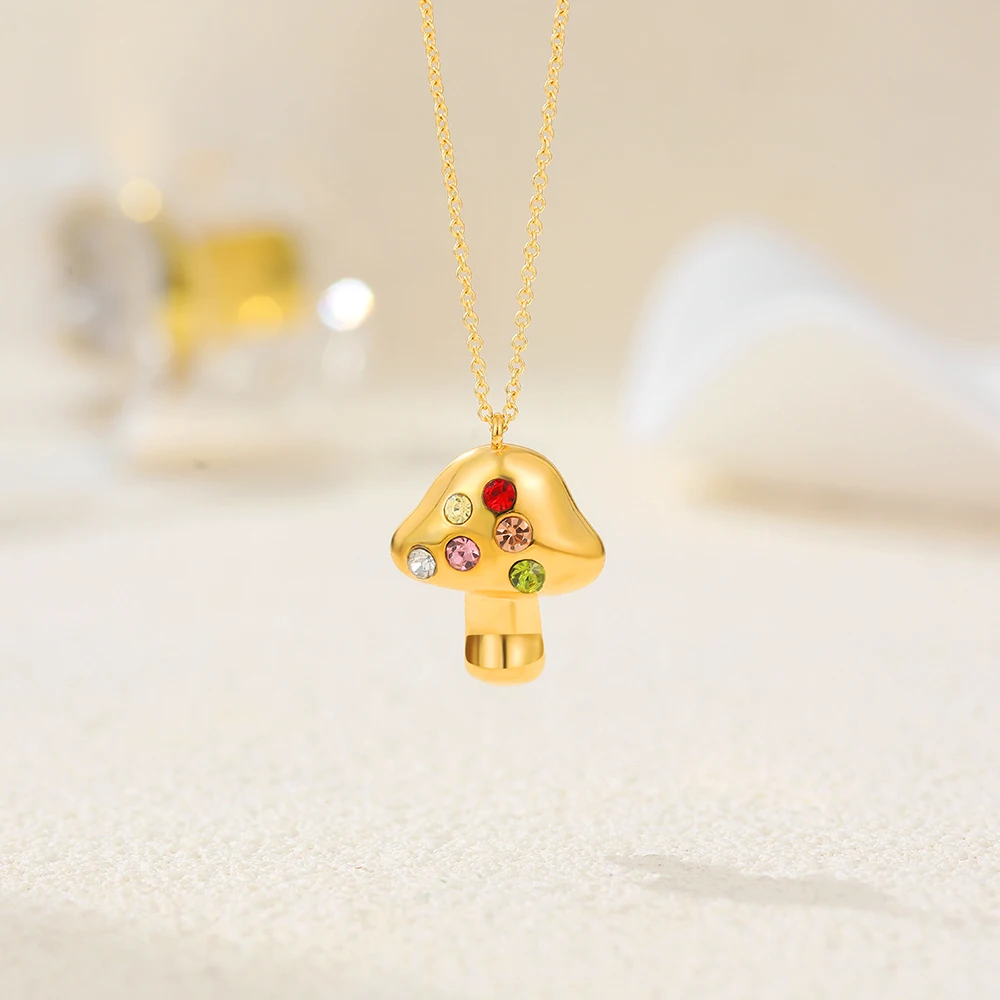 Cute Mushroom Pendant Neckalce for Women Inlaid Multicolored Zircon Geometric Gold Plated Chain Choker Birthday Gift Jewelry