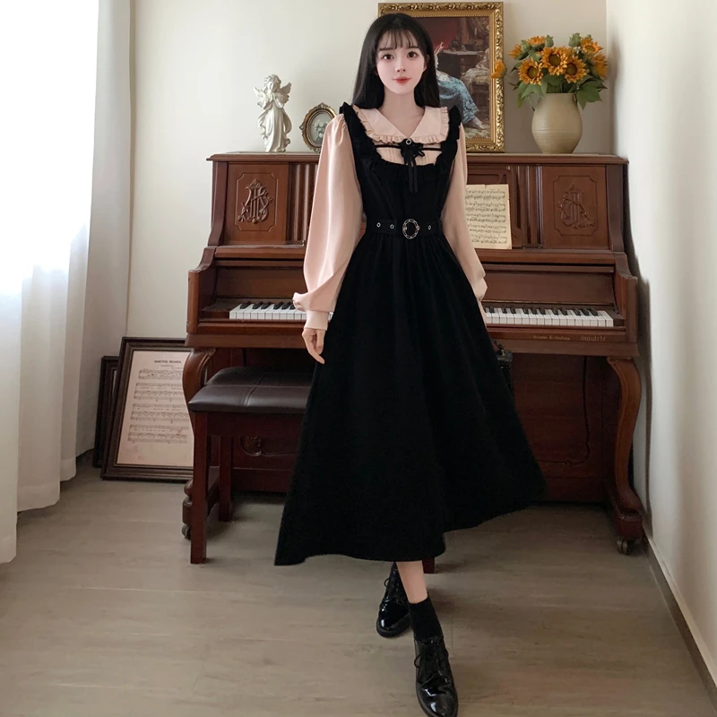 

Elegant Long Dresses For Women Large Size 4XL Autumn Winter Loose Female Doll Collar Black Fake Two Pieces Vestidos A Line Robe
