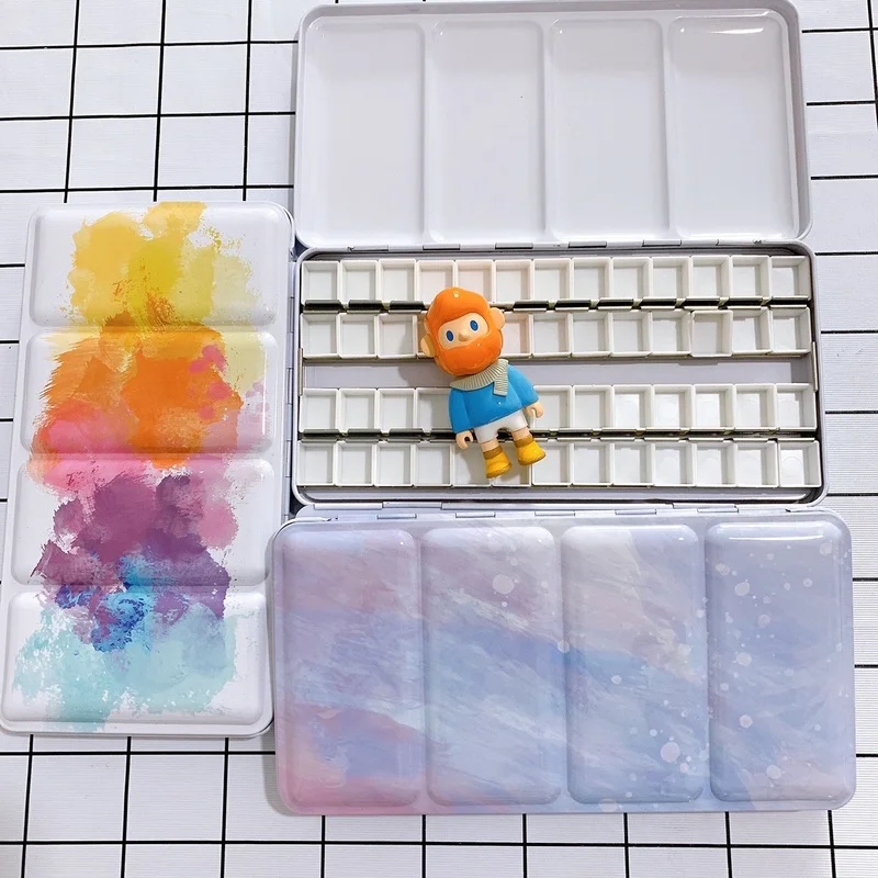 

48 Grid Watercolor Paint Sub-pack Storage Box with Card Slot Flat Bottom Color Tri-fold Portable Iron Box Artist Grade 21.5x11cm