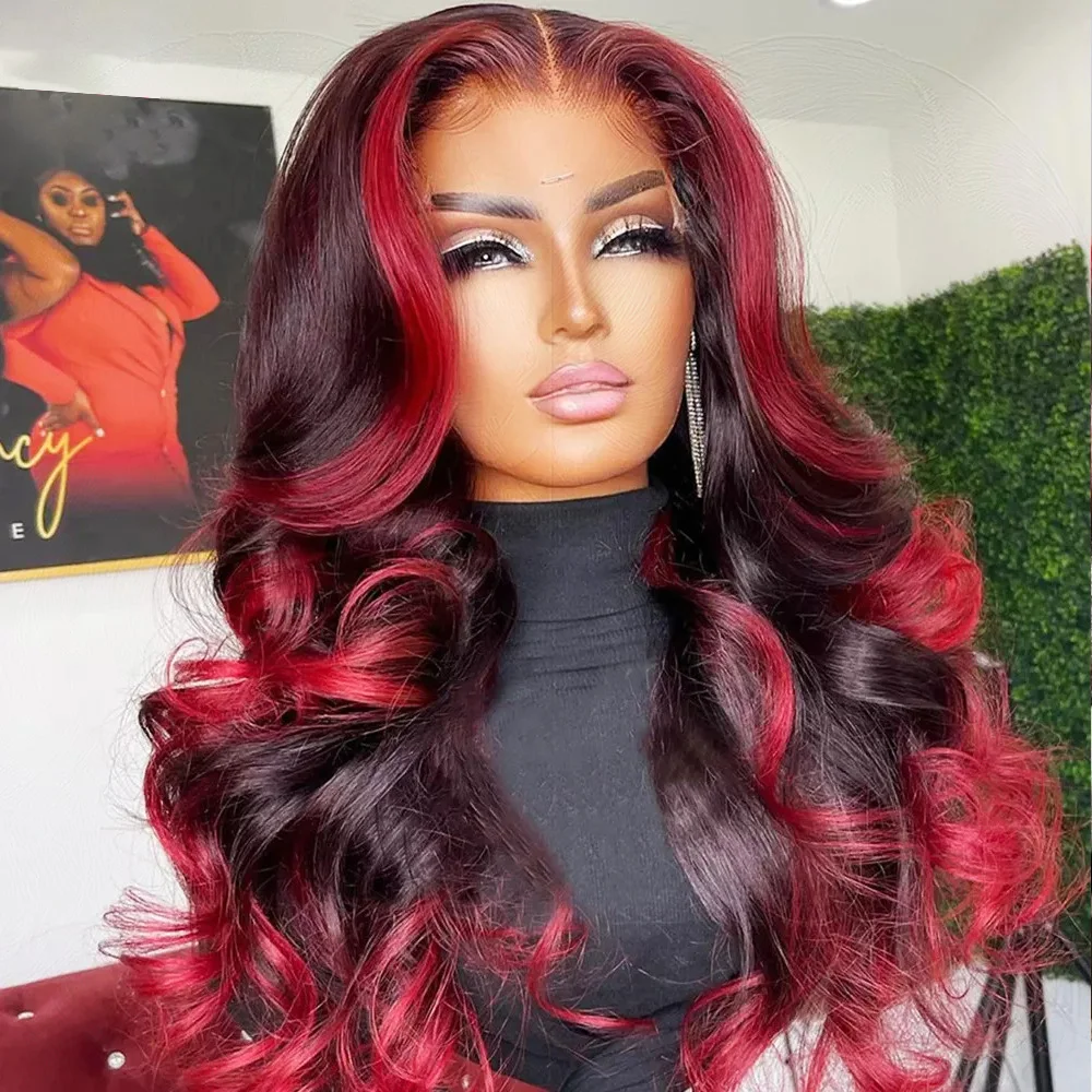 Perruque femme Lace Frontal Wig Body Wave colorée bordeaux