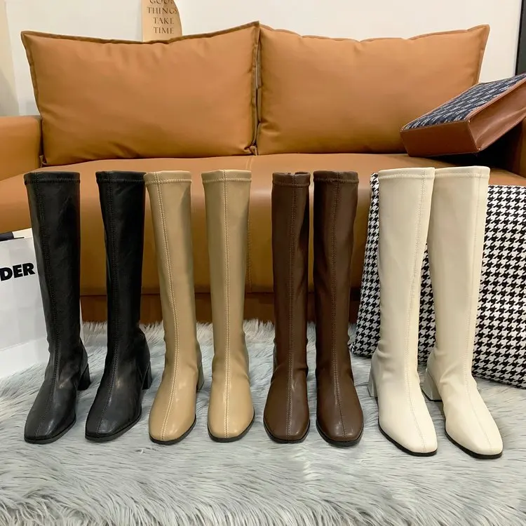 Soft Leather High-heeled Knee Boots Women's Ins Tide 2022 Autumn and Spring New British Style Thick-heeled Thin High Boots