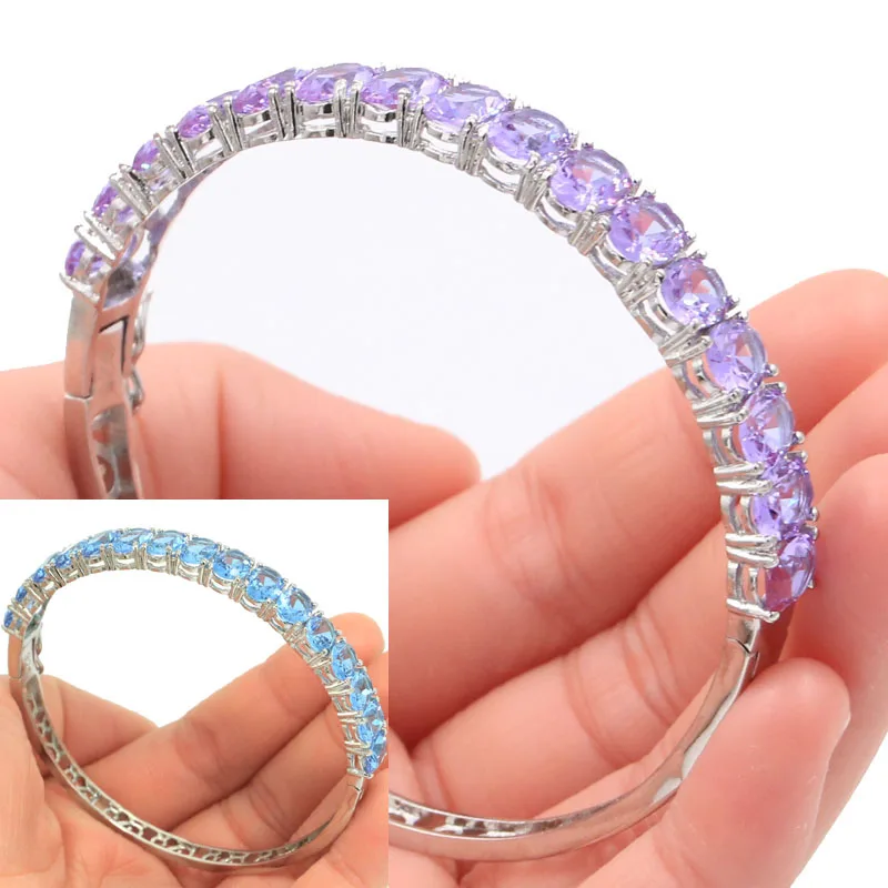 16g Real 925 Solid Sterling Silver Bangle Customized BRACELET Real Emerald Ruby  Sapphire Color Changing Alexandrite Topaz Zulta