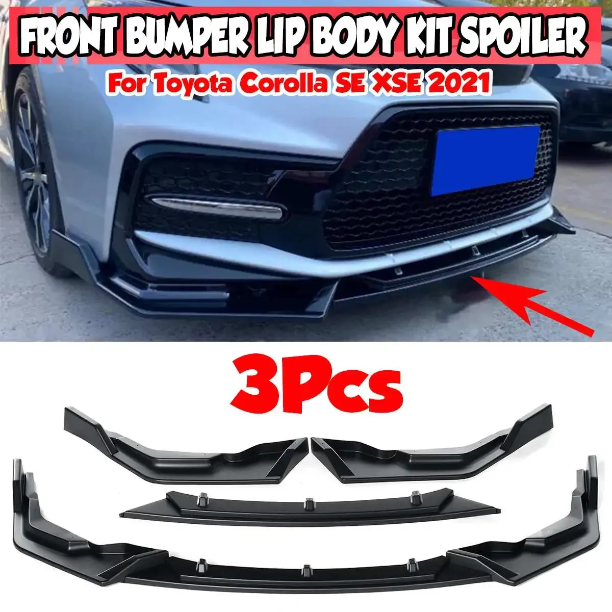 

3pcs Car Front Bumper Splitter Lip Diffuser Spoiler Cover Trim Fins Body Kit Protection Guard For Toyota Corolla SE XSE 2021