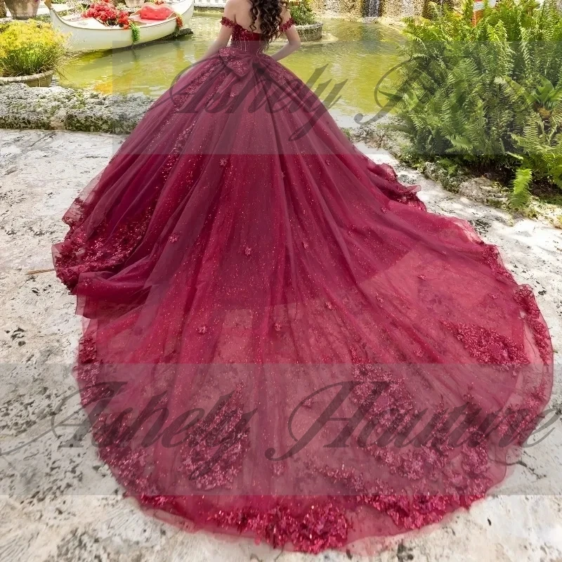 Mexican Wine Red Women Birthday Party Dresses Ball Gown Lace Applique Bow Vestido De xv Anos 15 Quinceanera Prom Wear