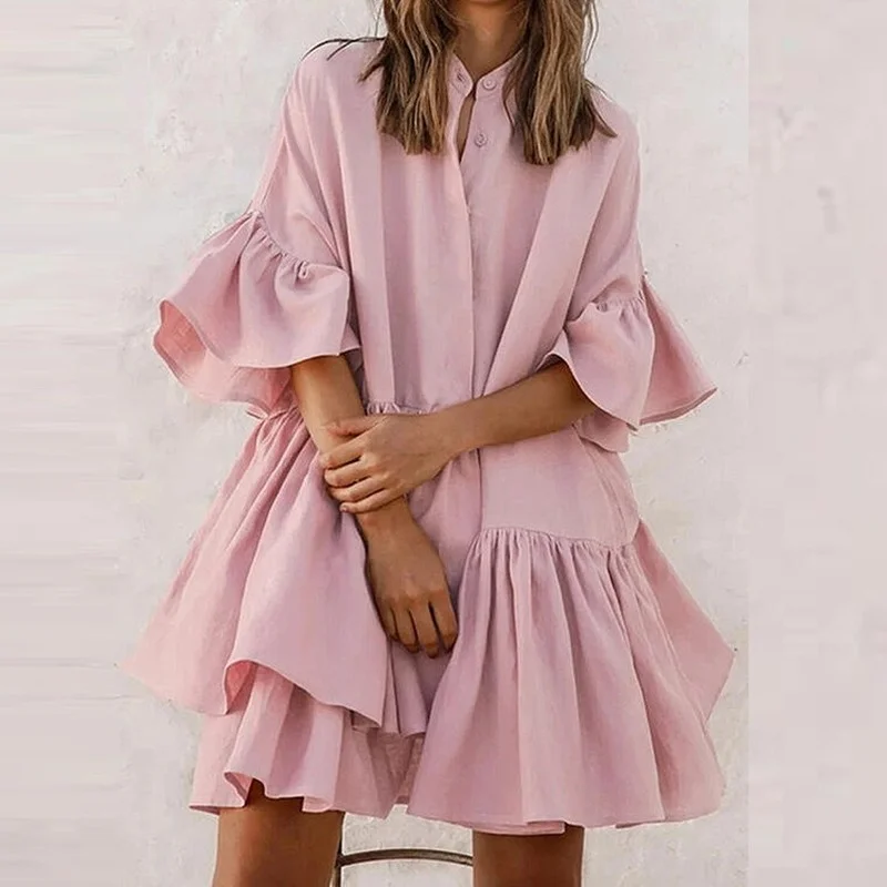 

2023 New Chiffon Loose Solid Color Dresses Women Summer Plus Size Flare Sleeve Single-breasted Pleated Dress Female Casual Boho