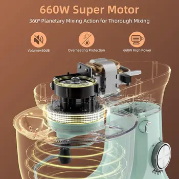 Stand Mixer,660W 10 Speeds Tilt-Head Food Mixer, 3-IN-1 Kitchen Mixer for Daily Cooks with 6 QT Bowl,Dough Hook, Beater 2