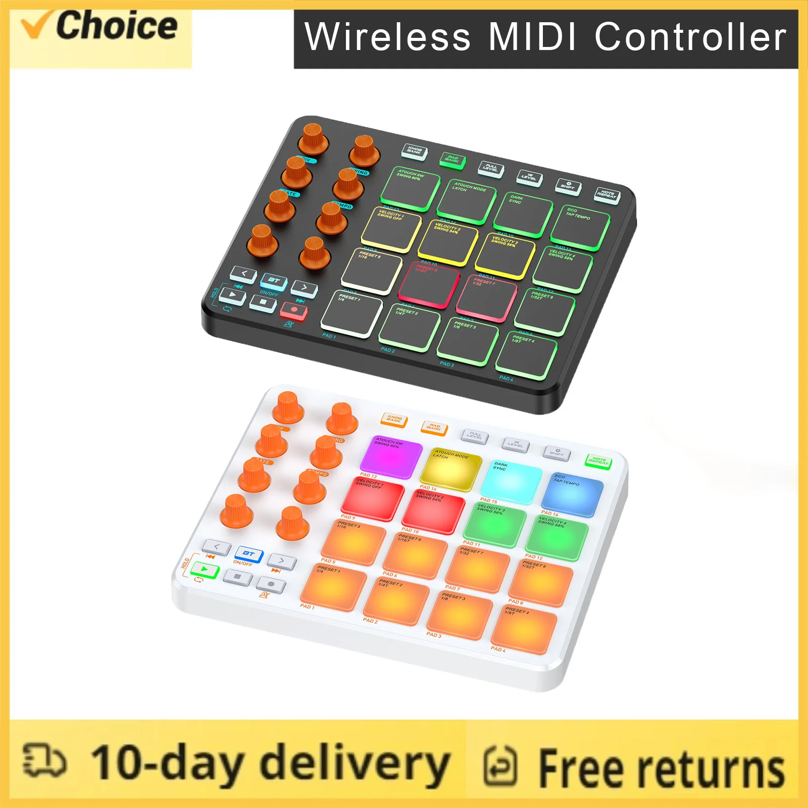 MIDI controller Wireless MIDI keyboard pad 16 RGB pads 6 customizable buttons 8 knobs rechargeable PC mobile app for beginners