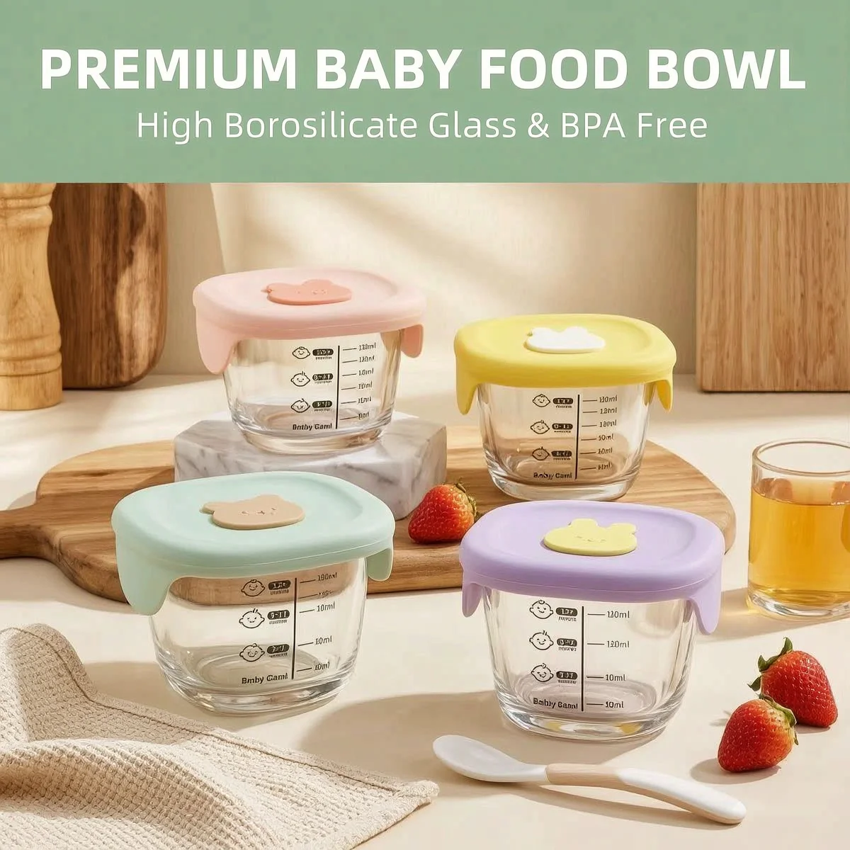 Glass Food Storage Containers,Thick High Borosilicate Glass Bowls,Microwave Steam Freezer Safe,BPA Free with Age Scale. 1