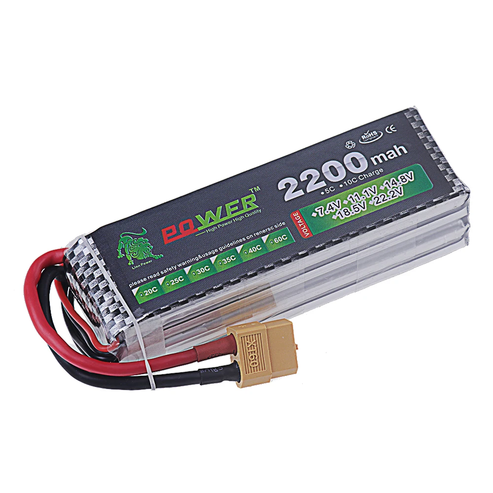 Connecteur XT60 doré sur batterie Lipo 4S 14.8V pour drone, avec étiquette de capacité.
